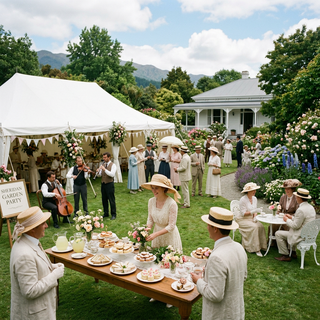 Early 20th-century garden party with people in vintage attire, live musicians, and a table of tea and pastries
